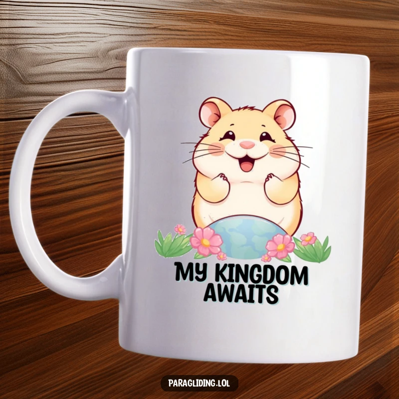 Funny mug showcasing a smiling hamster peering down at the world with a contented expression, representing a humorous and elevated perspective.