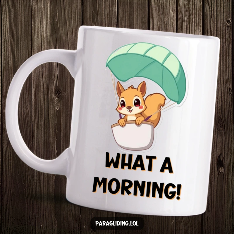 Funny squirrel mug, a startled squirrel peeking over a paraglider's edge with wide eyes, perfect for thrill-seekers.