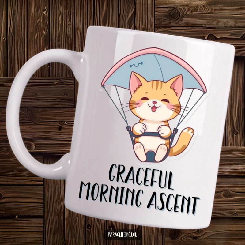 Funny confident cat paragliding nimbly on a mug. Skillful and elegant funny gift for cat enthusiasts.
