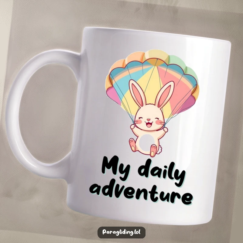 Funny mug: A cheerful bunny dangling gleefully from a colorful parachute, mid-descent with pure joy. Captures excitement and playful bravery.
