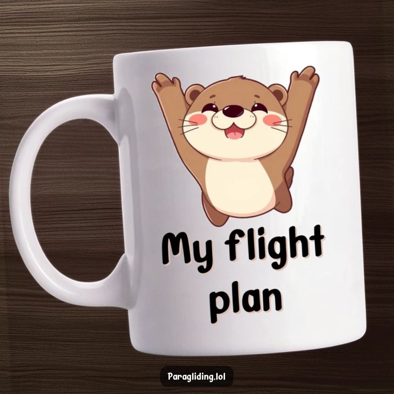 Funny mug featuring a joyful otter with a wide grin, soaring through the sky with pure happiness and a touch of airborne silliness.