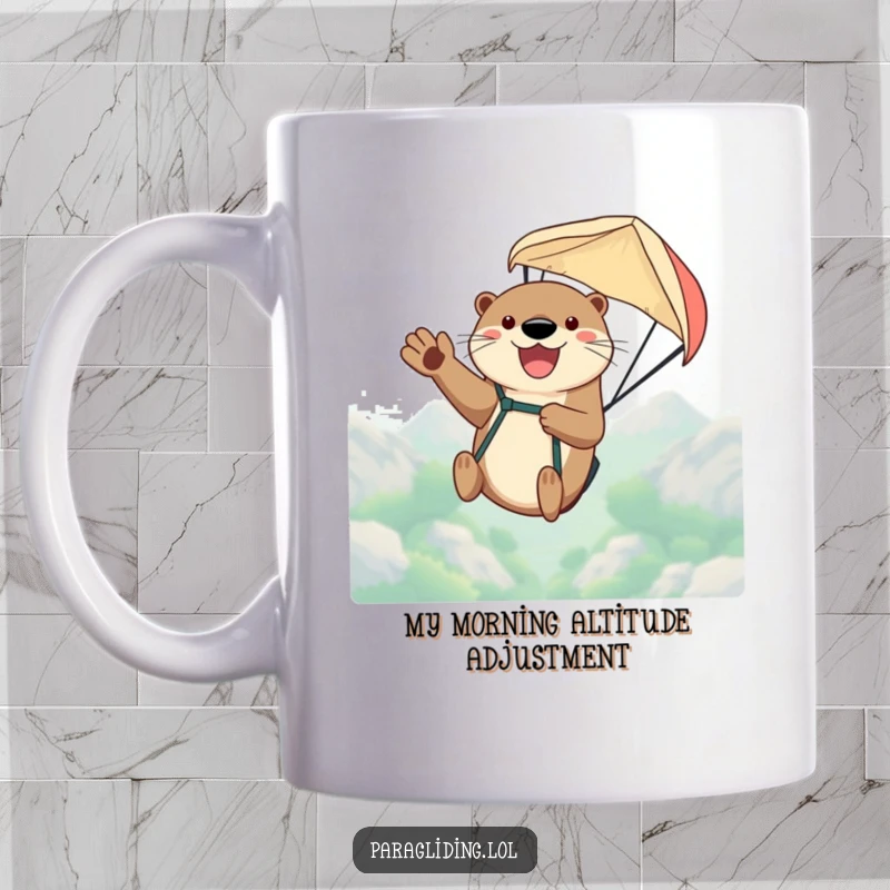 Funny mug featuring a happy otter waving enthusiastically while paragliding high in the sky, conveying pure joy and adventure.