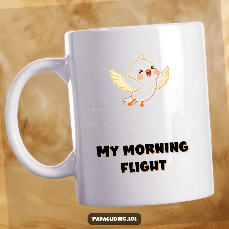 Funny mug: A cheerful bird with wings spread wide, joyfully flying through soft, fluffy white clouds. Captures pure bliss and freedom.
