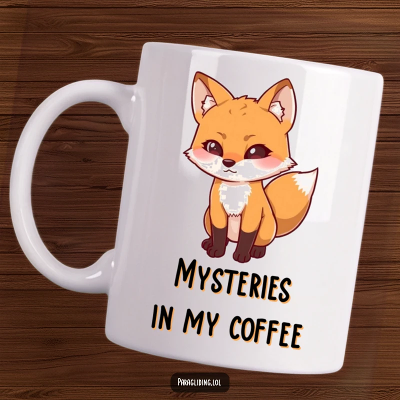 Funny mug with a determined fox looking downwards with intense curiosity, embodying a sharp intellect and inquisitive spirit, a delightful funny gift.