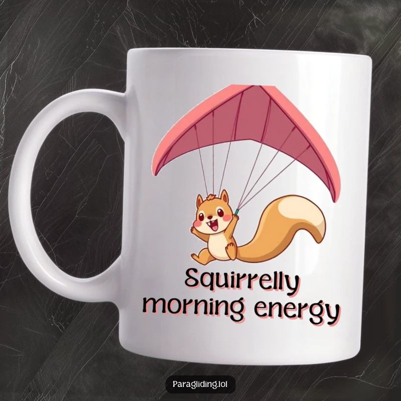 Funny squirrel dangling excitedly from a paraglider mug, showcasing pure joy and a thrilling aerial adventure.