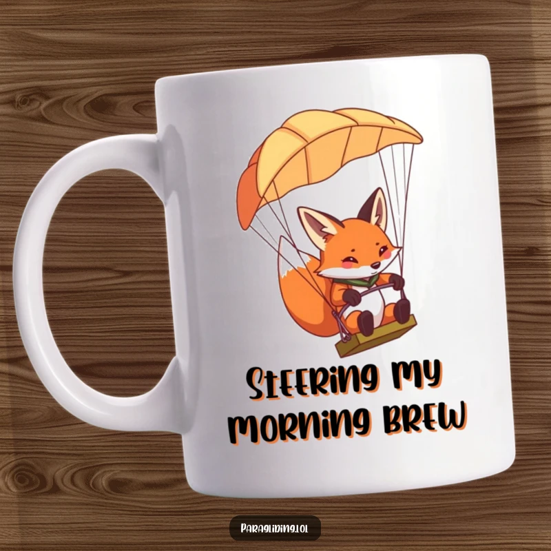 Funny determined fox paragliding mug, a fox concentrating intensely while steering a paraglider mid-flight.