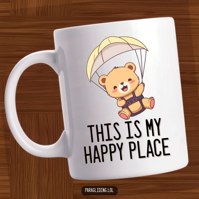 Funny bear cub paraglider mug showcasing pure joy as it floats peacefully in the sky, a delightful and amusing scene.