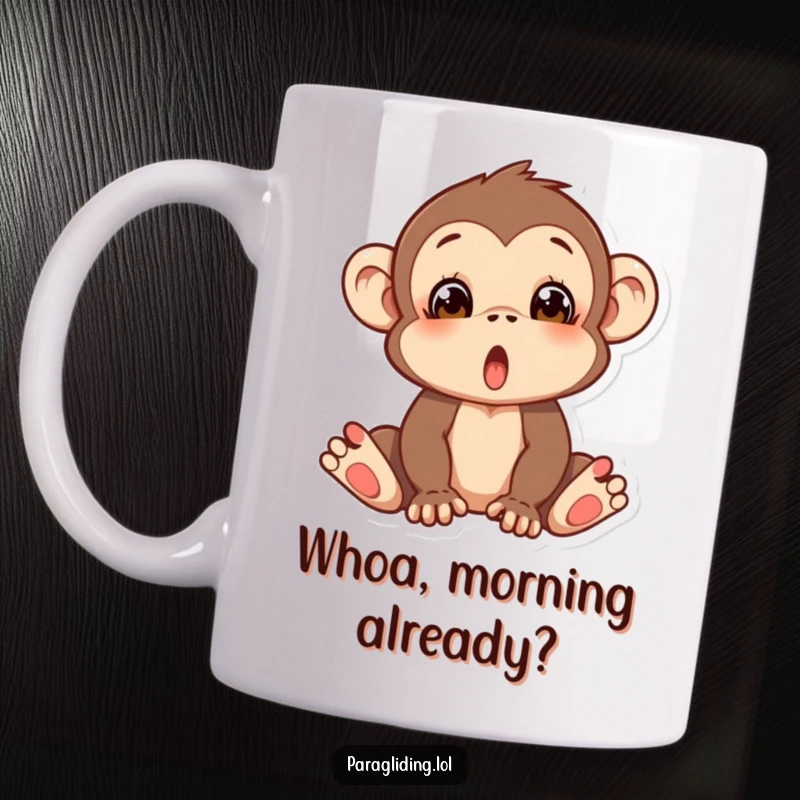 Funny mug featuring a silly monkey with a wide-eyed, surprised expression, caught mid-fall, ready to amuse.