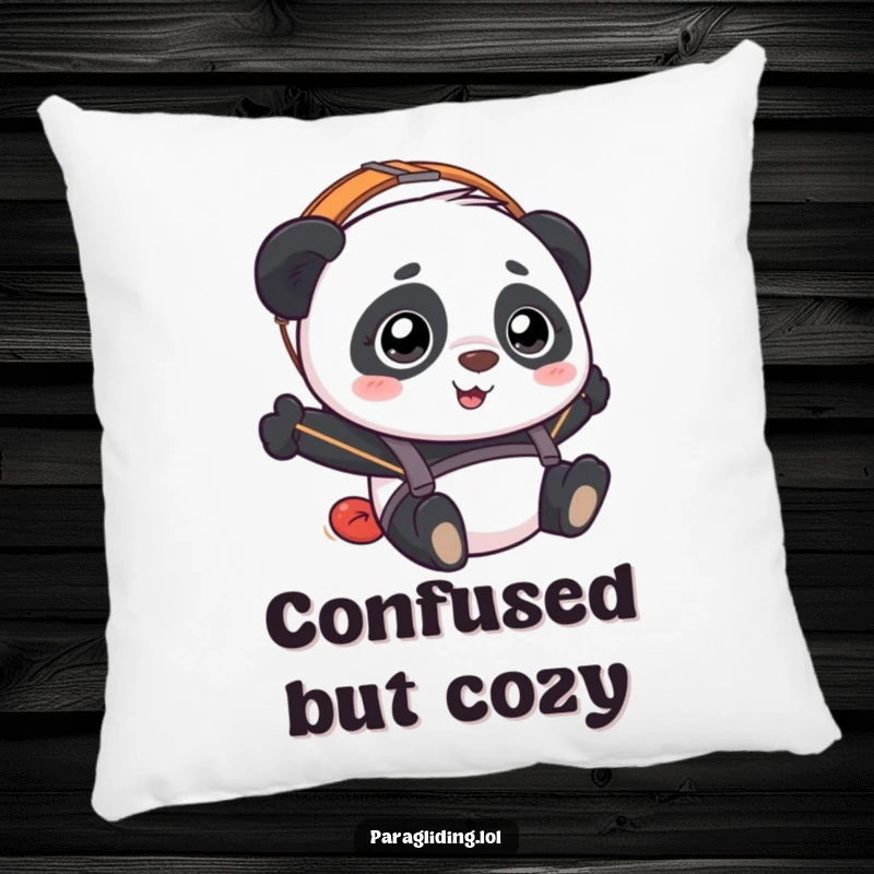 Funny Panda Paraglider Pillow with a happy, bewildered panda enjoying a paragliding flight, offering comfort and humor.