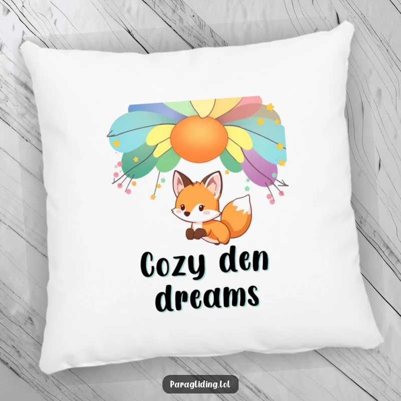 Funny curious fox character, gliding under a canopy, on a soft plush pillow, a delightful funny gift.