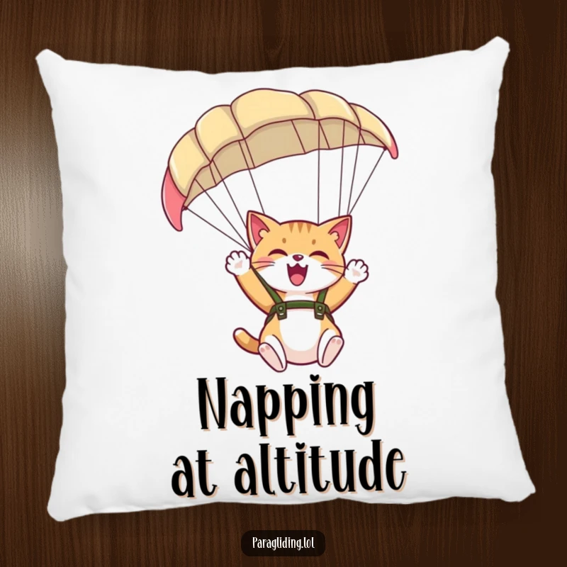 Soft funny pillow featuring a giggling cat paragliding, perfect for adding cozy fun and whimsical decor.