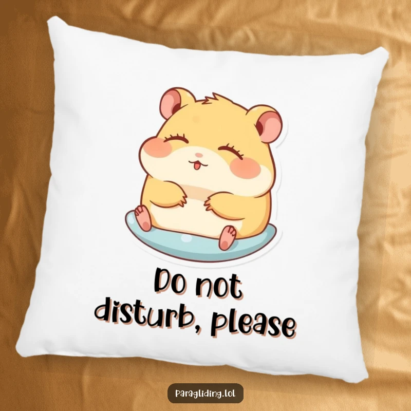 Funny pillow with a hamster gliding peacefully with closed eyes, offering plush comfort and hilarious, serene vibes.