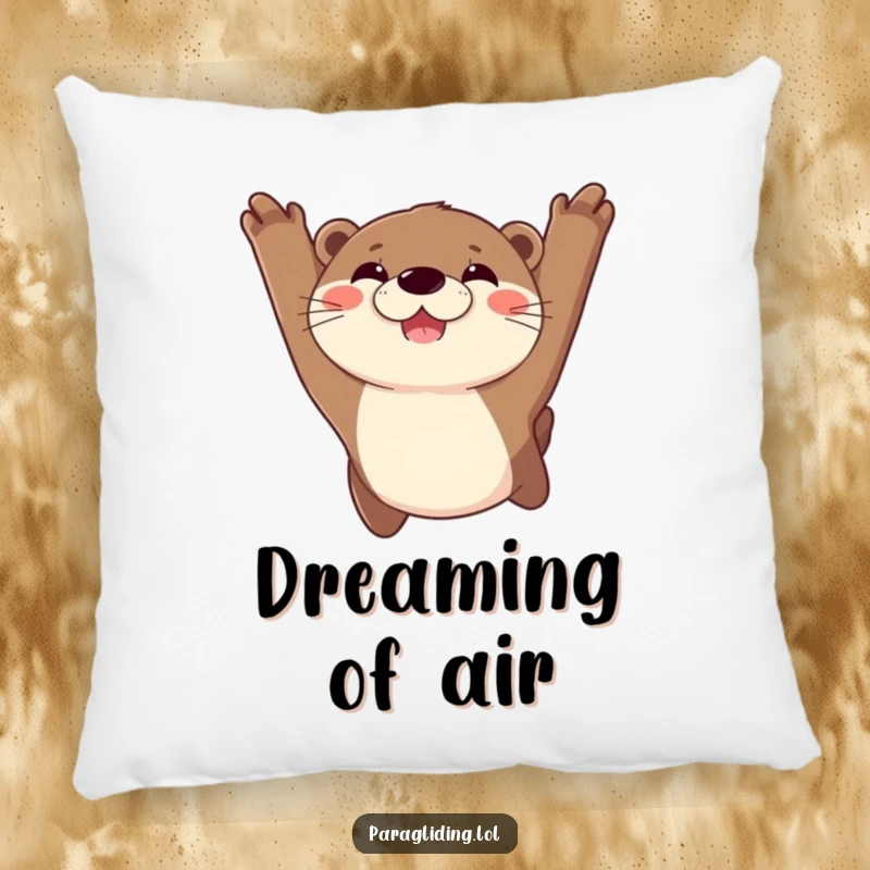 Funny pillow featuring a joyful otter with a wide, ecstatic grin, depicted soaring high in the sky with unparalleled happiness.