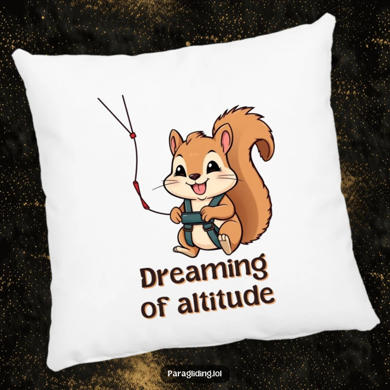 Funny pillow with a charming squirrel clutching a paraglider handle, smiling with determination, perfect for adding a playful touch to any space.
