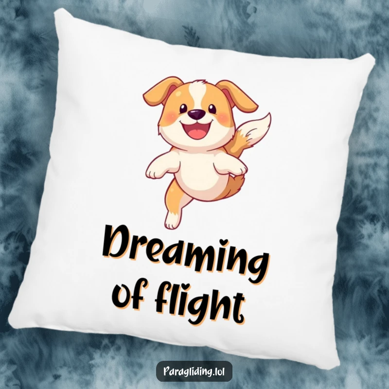Funny pillow featuring a grinning dog soaring gracefully through the sky, adding soft comfort and playful cheer.