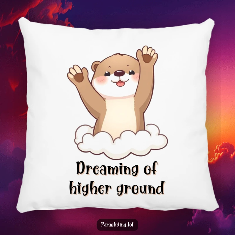 Funny otter waving from sky, soft decorative pillow, whimsical comfort, ideal funny gift for relaxation.