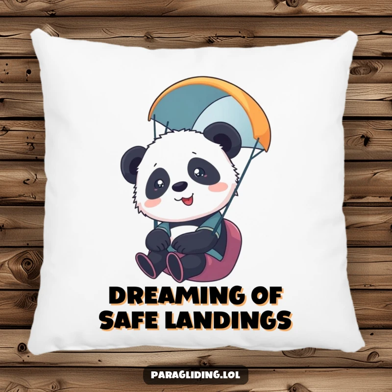 Funny pillow with a contented but overwhelmed panda cub paragliding, symbolizing thrilling adventures and cute, cuddly comfort. Gift idea.
