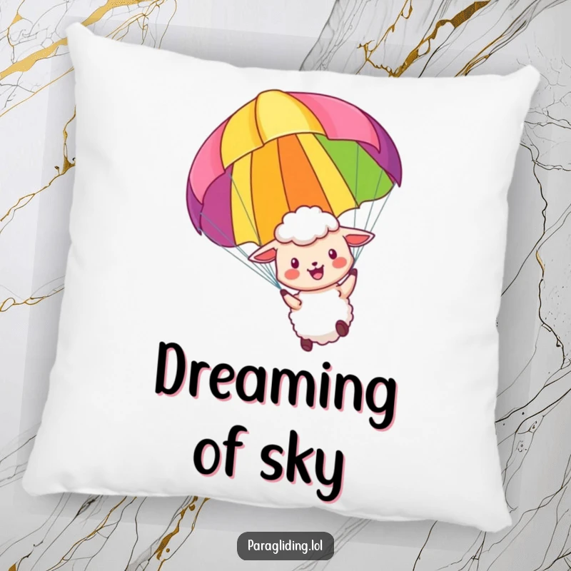 Funny pillow featuring a little sheep paragliding with a colorful parachute, offering humorous comfort and a sense of joyful flight.