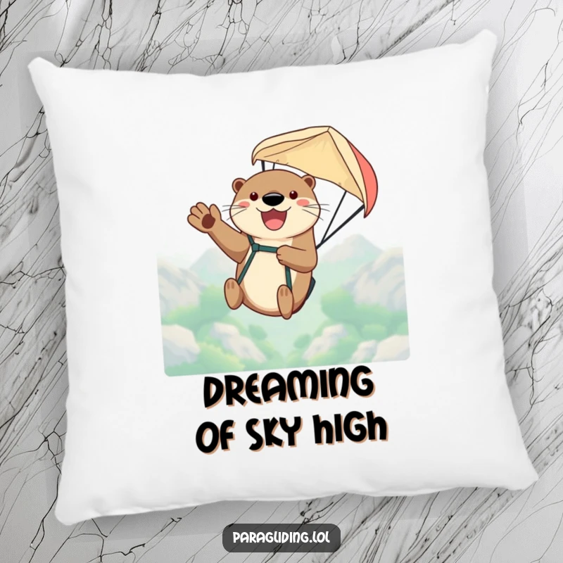 Funny pillow featuring a happy otter waving from a paraglider high in the sky, bringing a sense of adventure and comfort indoors.