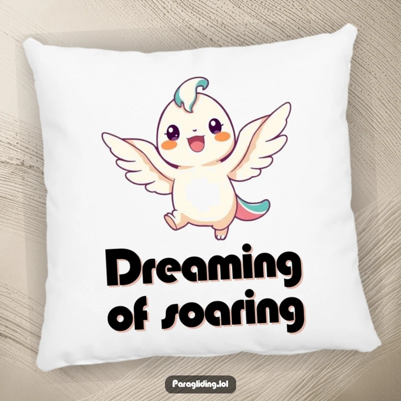 Funny pillow with a smiling winged creature in graceful descent, offering comfort and a touch of heavenly humor, a decorative accent.