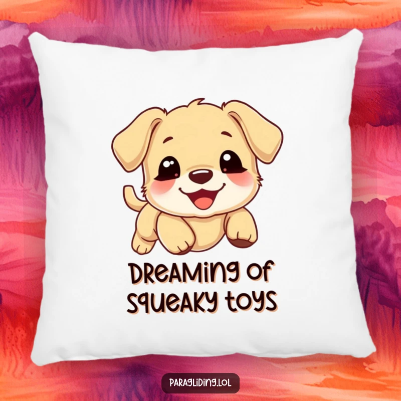 Funny puppy pillow, delighted smiling puppy floating gently downward on a cloud, soft cushion, cute pet decor.