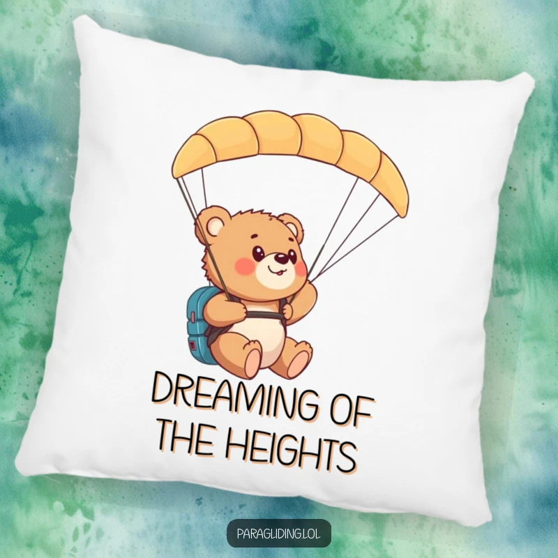 Funny bear cub paragliding pillow featuring a cub looking amazed at the world from above in a paraglider.