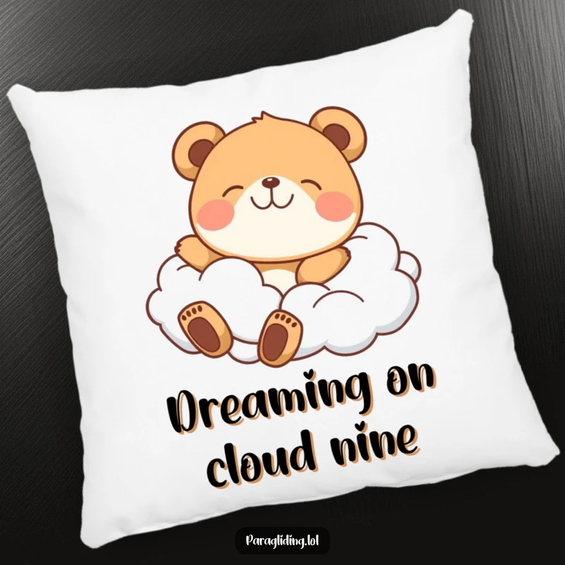 Funny pillow displaying a happy bear drifting peacefully on fluffy clouds, offering comfort and smiles.