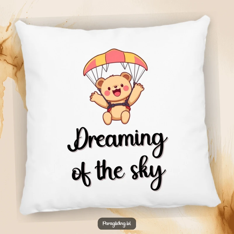 Funny bear cub pillow, a soft cushion featuring a cub waving from a paraglider, great for comfort.