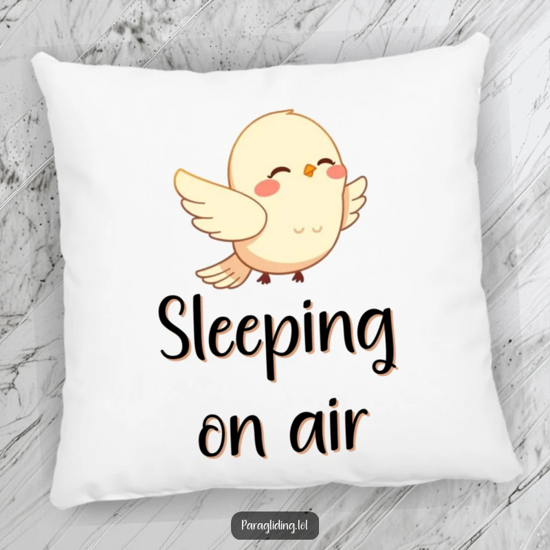 Funny smiling bird peacefully drifting on wind currents on a soft pillow. A comfortable and serene funny gift for relaxation.