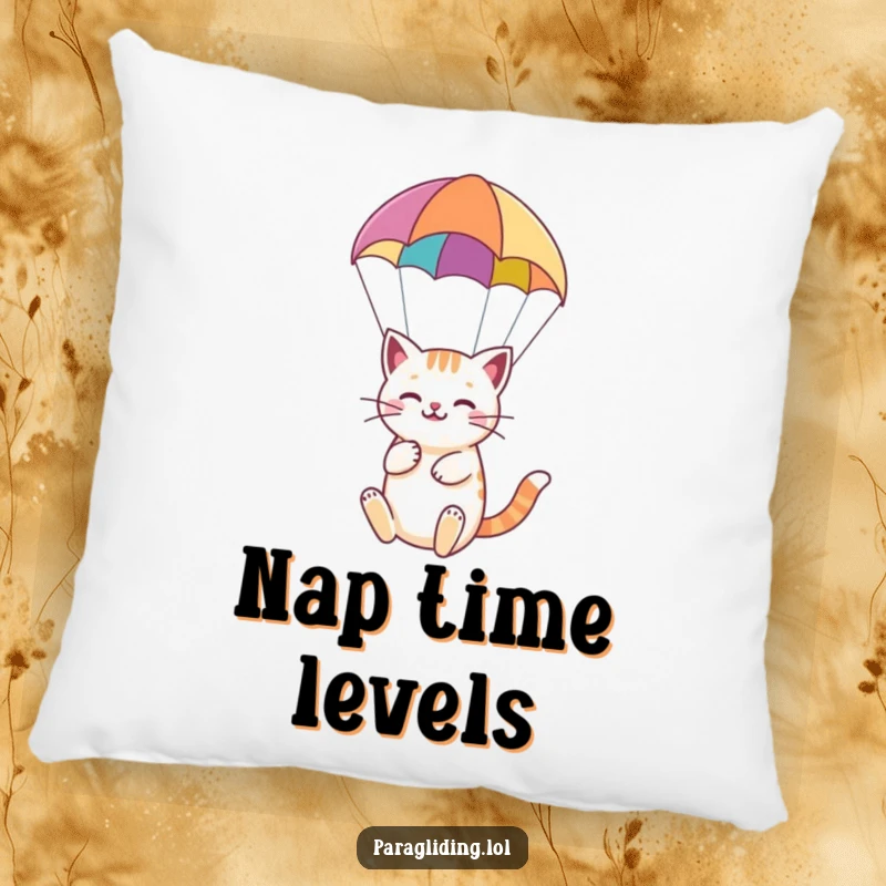 Funny pillow featuring a happy cat serenely paragliding under a colorful paraglider, adding soft comfort and cheer.