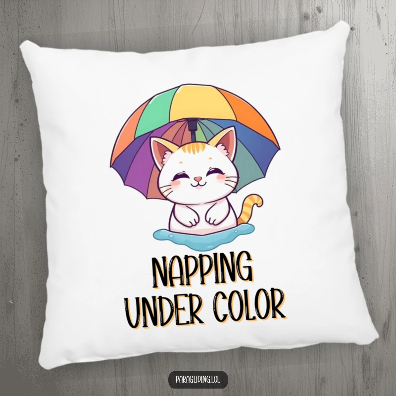 Funny pillow: A smiling cat floating peacefully under a vibrant rainbow umbrella. Soft, plush, and humorously charming home decor.