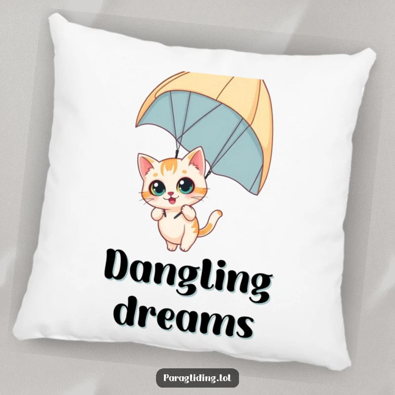 Funny pillow featuring a curious cat dangling from a paraglider with wide eyes, providing comfort and a thrilling, adventurous vibe, superb funny gift.