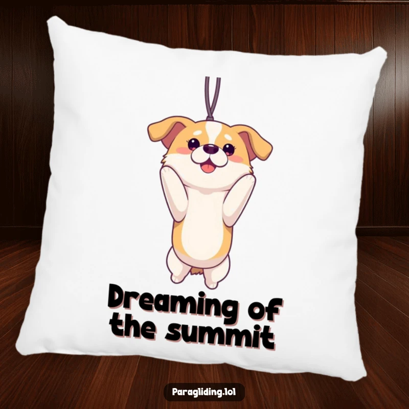 Funny proud dog suspended and enjoying a view on a soft pillow. A comfortable and humorous funny gift for dog aficionados.