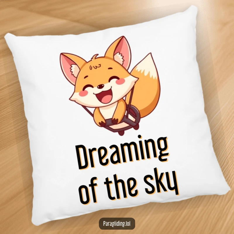 Funny fox paragliding with a wide, excited grin on a soft pillow, bringing airborne joy and comfort to any space.