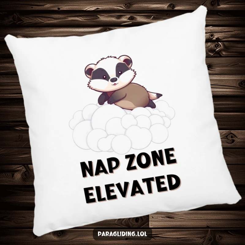 Funny pillow showcasing a graceful badger serenely gliding over soft, fluffy clouds, offering a sense of peace and lighthearted charm.