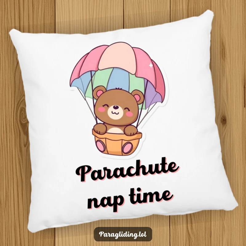 Funny pillow featuring a happy bear floating peacefully in a colorful parachute, providing comfort and serene, whimsical vibes, superb funny gift.