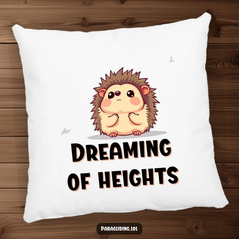 Funny pillow with a hedgehog looking awestruck at the view below, providing plush comfort and humorous wonder.