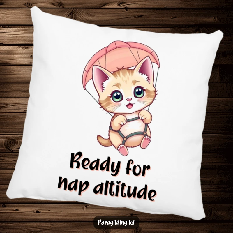 Funny paragliding kitten pillow, a soft cushion featuring a happy, wide-eyed cat soaring high in a paraglider.