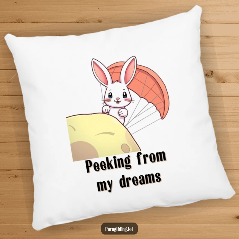 Funny rabbit paraglider pillow featuring a curious bunny peering over, a soft and humorous accent for any space.