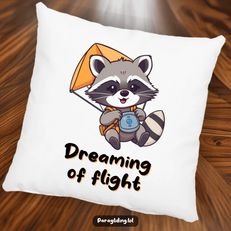 Funny mischievous raccoon playfully tugging on paraglider controls, on a soft pillow, a cozy funny gift.