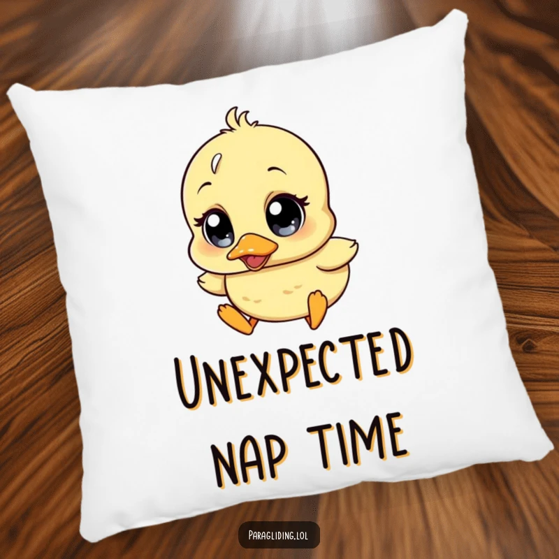 Funny pillow featuring a wobbly duckling character with comically wide surprise eyes, drifting downwards, perfect for lounging.