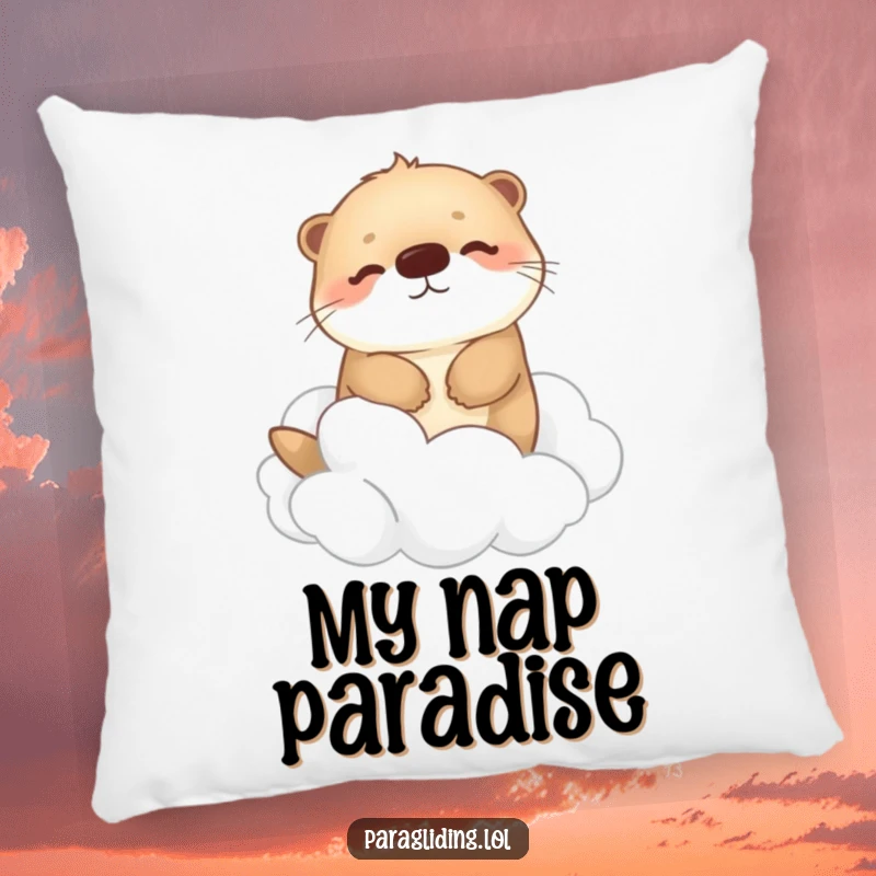 Funny pillow with a happy, fluffy otter drifting peacefully among fluffy clouds, offering comfort and a touch of serene whimsy to any room.