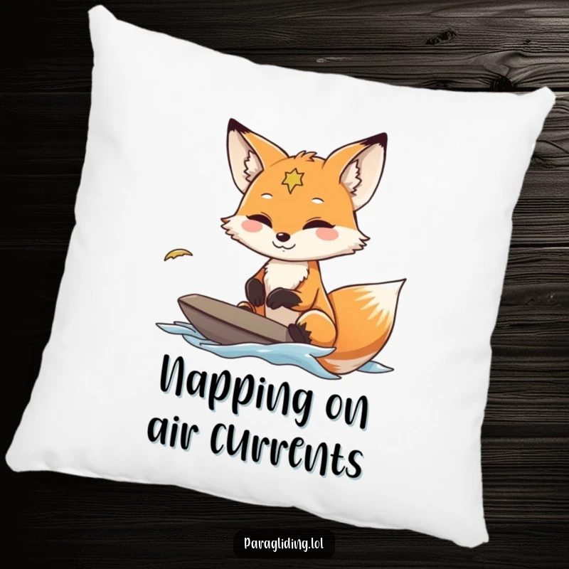 Funny Fox Paraglider Pillow with a fox smiling as it navigates wind currents, providing soft comfort and a humorous touch.