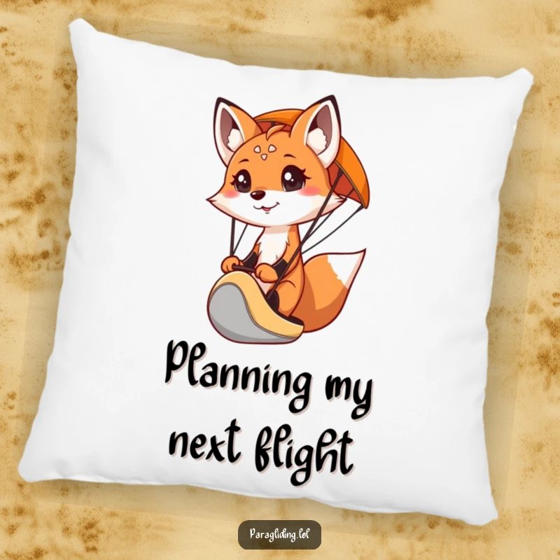 Soft funny pillow featuring a determined fox paragliding, perfect for adding cozy adventure to any room.