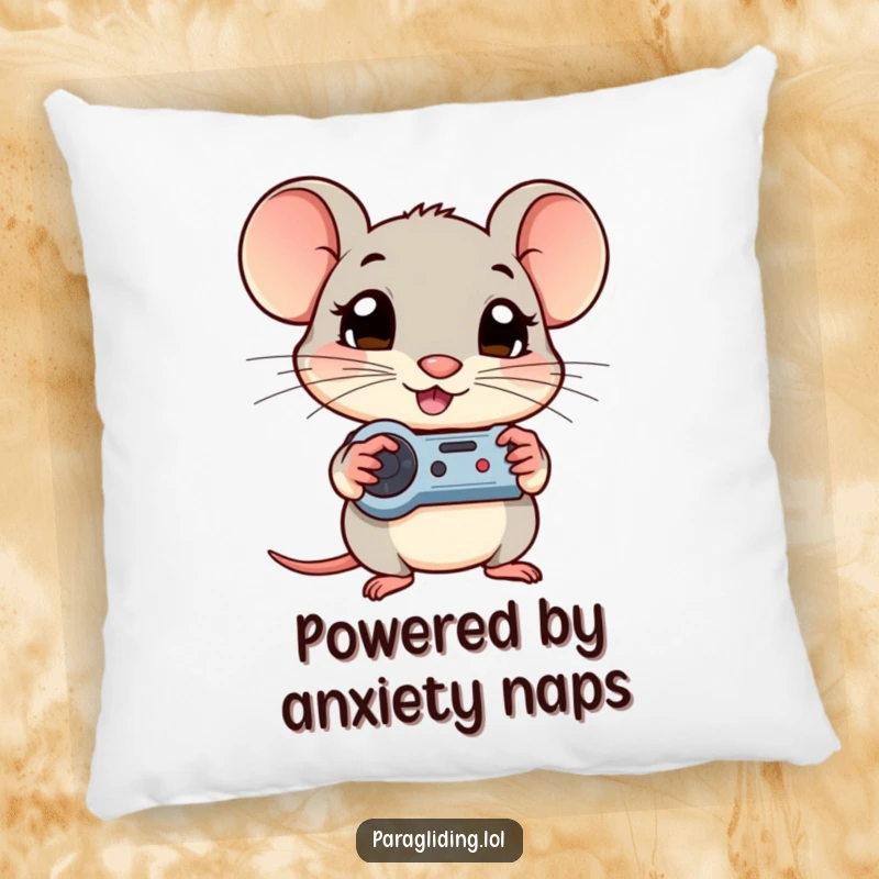 Funny pillow displaying a shy mouse with wide, curious eyes, holding game controllers, perfect for gamer relaxation.