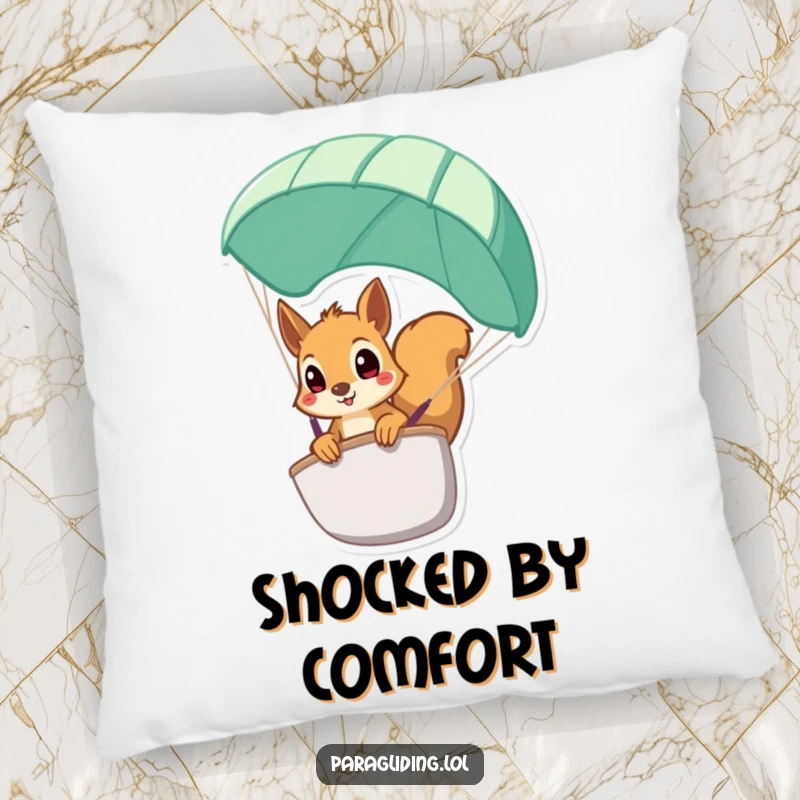 Funny squirrel pillow, a soft cushion featuring a squirrel peeking from a paraglider with wide eyes, great for comfort.