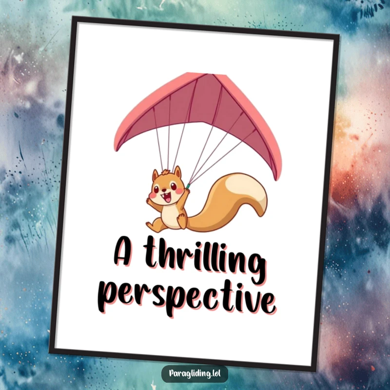 Funny squirrel paraglider digital art print showing an excited squirrel dangling, ready to add humor and energy.