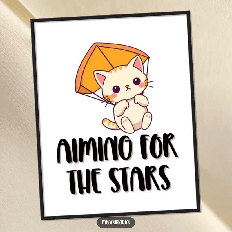 Funny determined cat floats gently, clutching its paraglider, a digital art print of focused feline airborne adventure.