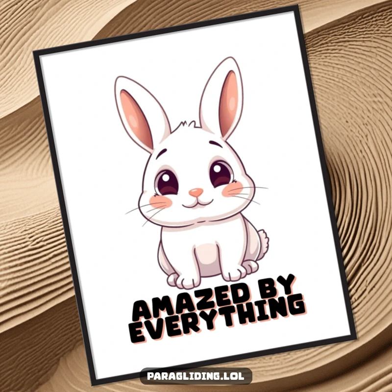 Funny digital art print of a playful rabbit looking down with wide, amazed eyes, conveying wonder.