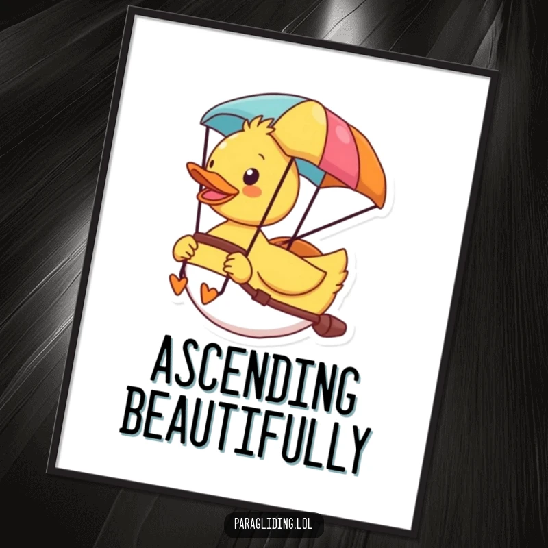 Funny digital art print of a cheerful duck enjoying the view from its colorful paraglider, digital download for decor.